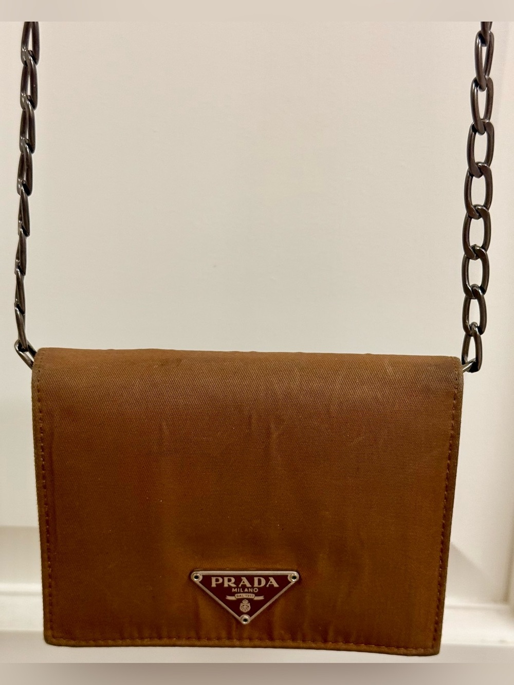 PRADA Vintage Y2K Chic Minimalist Brown Tessuto Nylon Trifold Wallet W/ Chain